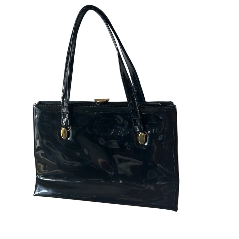 Vintage Black Patent Leather Handbag Structured Frame Purse Retro 50s/60s